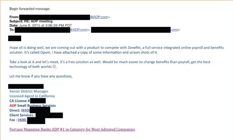 Zenefits ADP LAWSUIT AND LETTER Adam Townsend